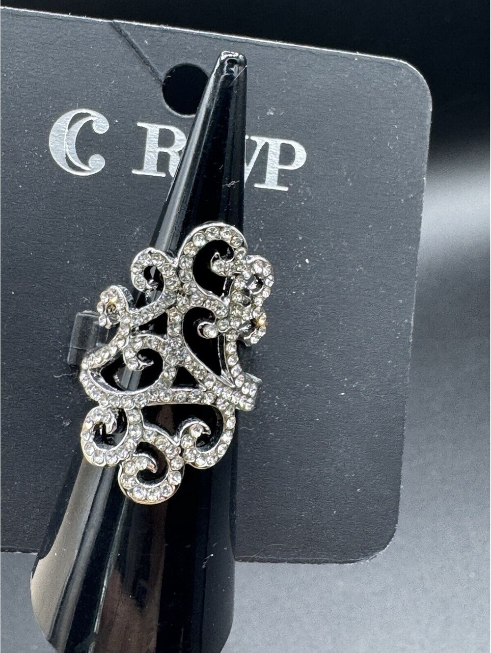 Silver Tone Filigree Rhinestone Statement Ring Size 7 Scroll Design. Stunning